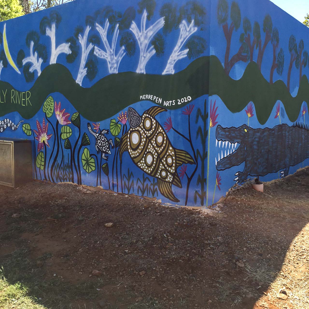 Merrepen Arts 21m mural One River System Many Rivers at Godinymayin Yijard Rivers Arts and Culture Centre Katherine