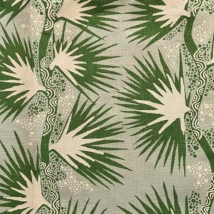 Gracie Kumbi - Sand Palms on pale green linen (per 1m)