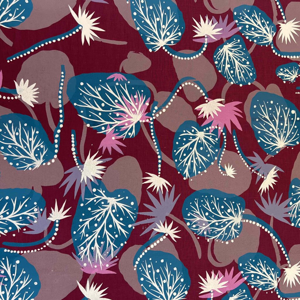 Kieren Karritpul - Water Lilies on deep pink linen (per 1m)