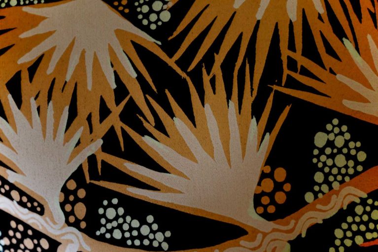 Merrepen Arts Aboriginal Artist Gracie Kumbie print of palm leaves