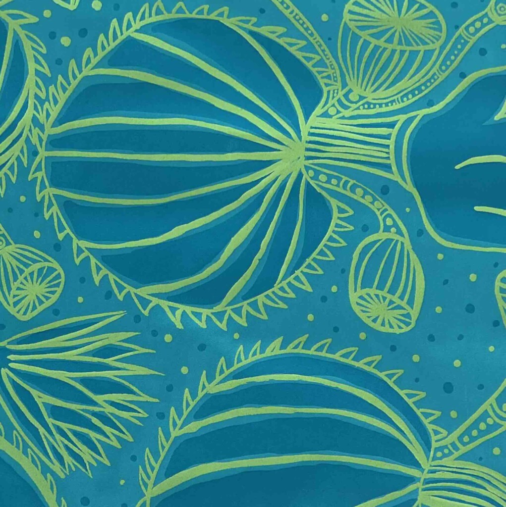 Nola Jimarin – Water Lilies on blue cotton sateen (per 1m)