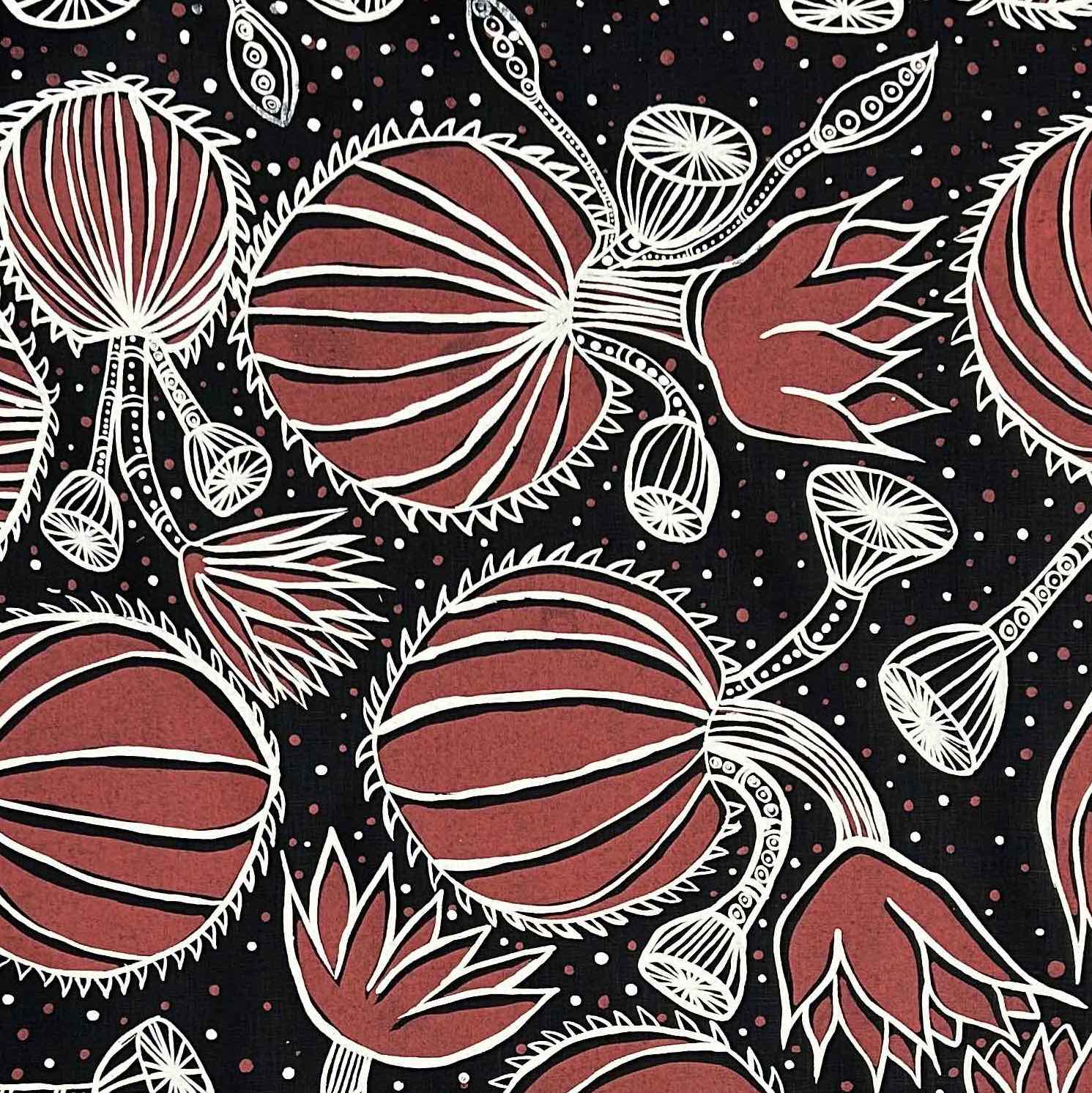 Nola Jimarin - Water Lilies on black linen (per 1m)