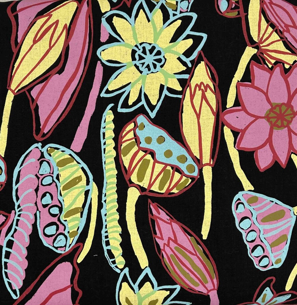 Patricia Marrfurra – Billabong on black linen (per 1m)