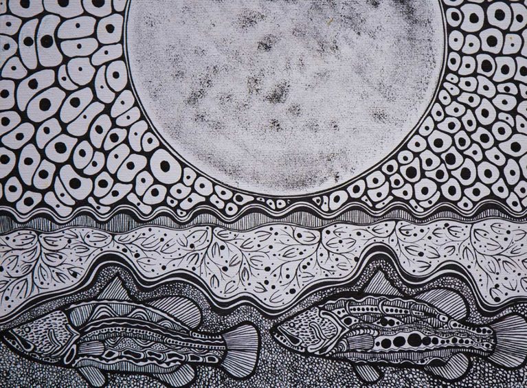 Merrepen Arts Aboriginal artist Philip Wilson black and white drawing of fish and sky.