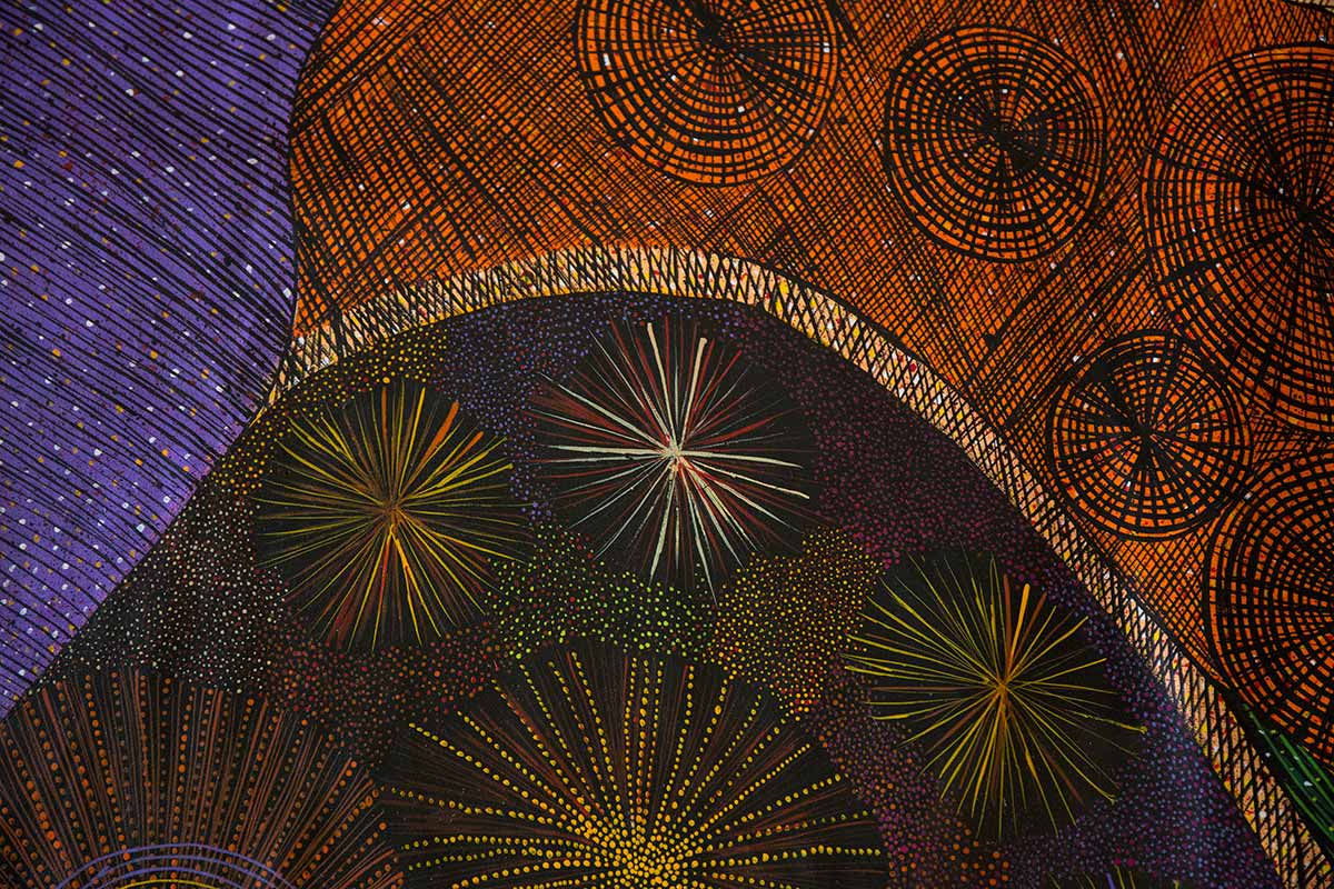 Merrepen Arts Aboriginal artist Nola Jimmerin print Weaving & Night Sky