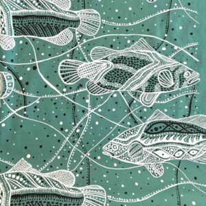 Kieren Karritpul - Barramundi on teal cotton sateen (per 1m)
