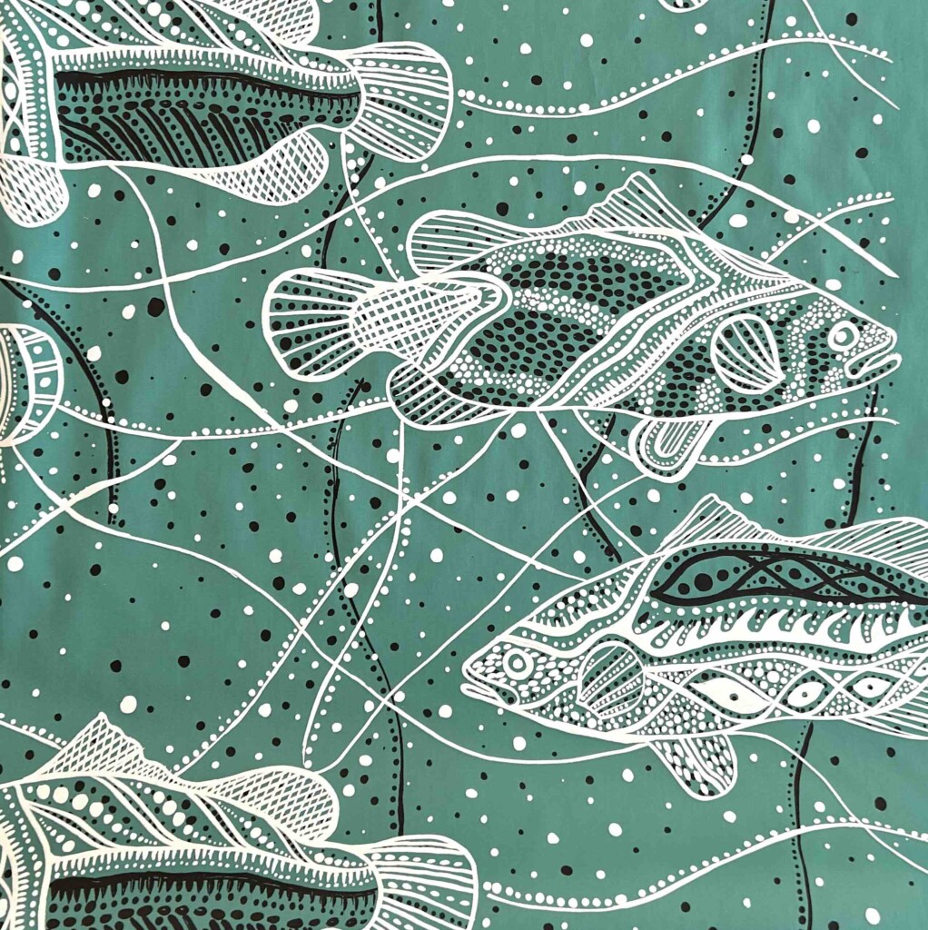 Kieren Karritpul – Barramundi on teal cotton sateen (per 1m)