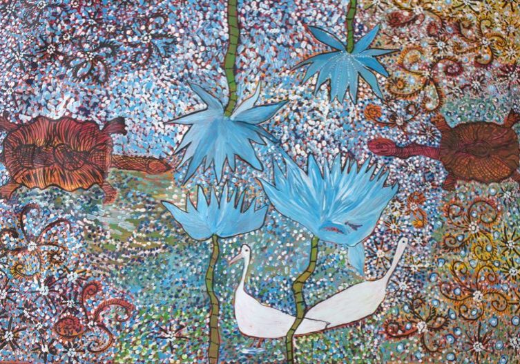 Merrepen Arts Aboriginal artist Catherine Ariuu painting Billabong Life