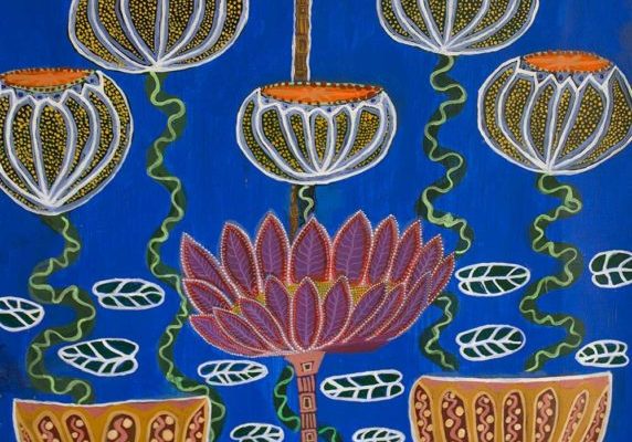 Merrepen Arts Aboriginal Artist Louise Pandella blue botanic print.