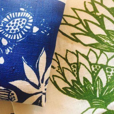 Merrepen Arts Indigenous textile botantical prints on linen in blue and green.