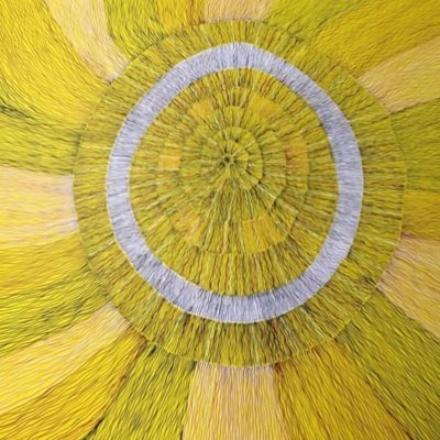 Merrepen Art Centre Aboriginal artist Kieren Karritpul's painting in yellows and white.