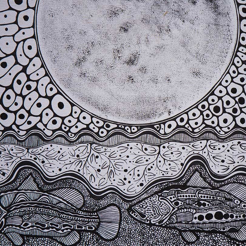 Merrepen Arts Aboriginal artist Philip Wilson black and white drawing of fish and sky.