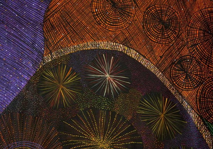 Merrepen Arts Aboriginal artist Nola Jimmerin print Weaving & Night Sky