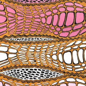 Aaron McTaggart - Crocodile Skin pink/orange on black linen (per 1m)