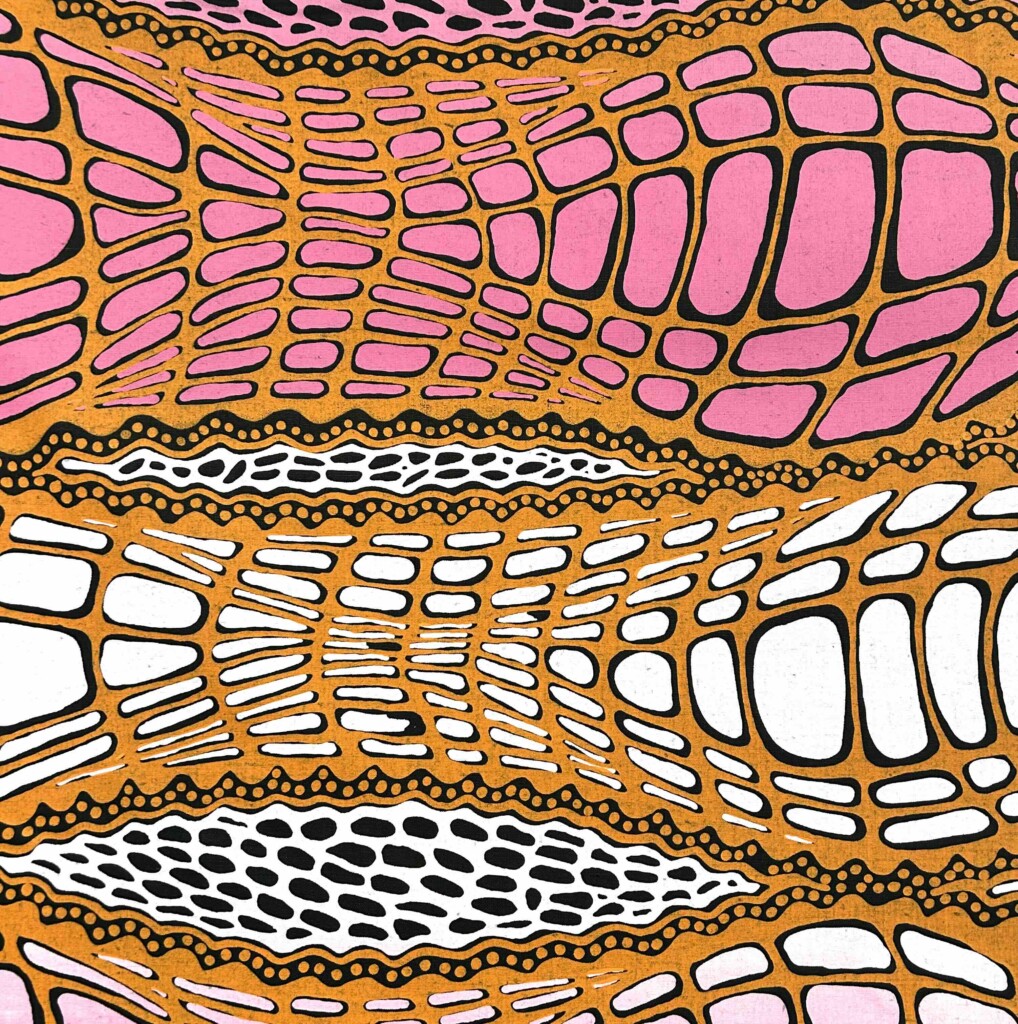Aaron McTaggart – Crocodile Skin pink/orange on black linen (per 1m)