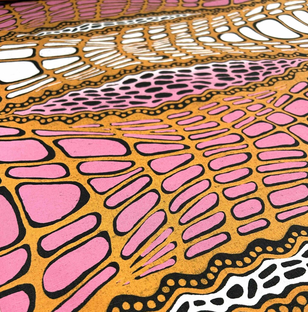 Aaron McTaggart - Crocodile Skin pink/orange on black linen (per 1m) - Image 2