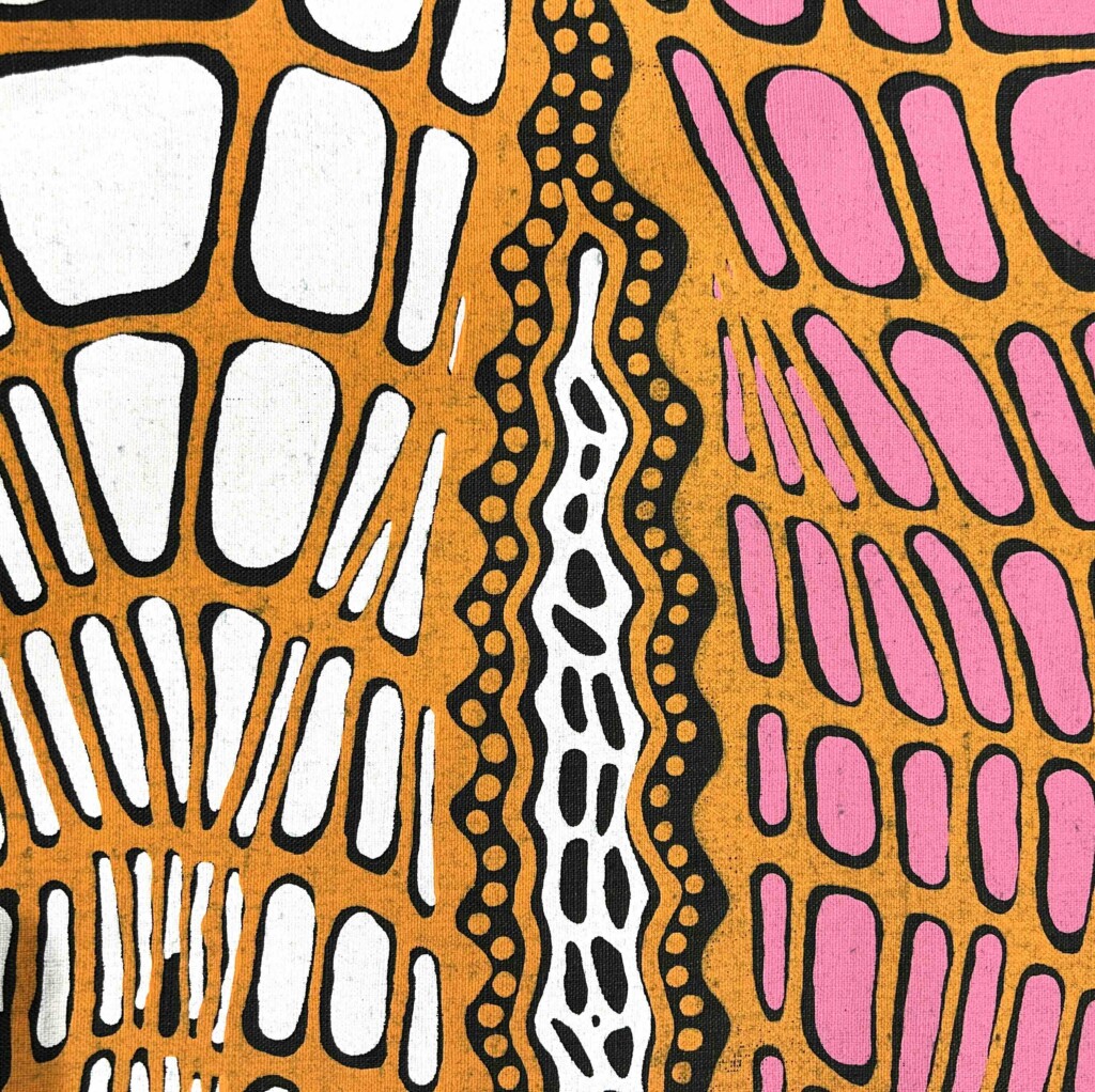 Aaron McTaggart - Crocodile Skin pink/orange on black linen (per 1m) - Image 3