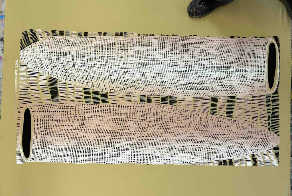 Kieren Karritpul - Fish Traps on yellow ochre canvas - Panel - Image 6