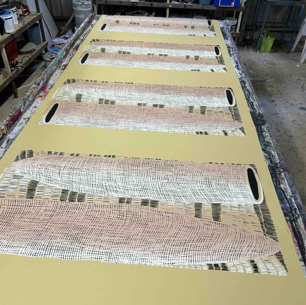 Kieren Karritpul - Fish Traps on yellow ochre canvas - Panel - Image 7