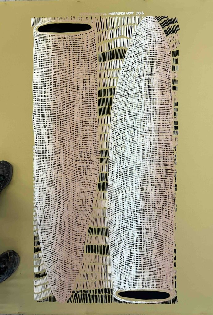 Kieren Karritpul - Fish Traps on yellow ochre canvas - Panel - Image 2