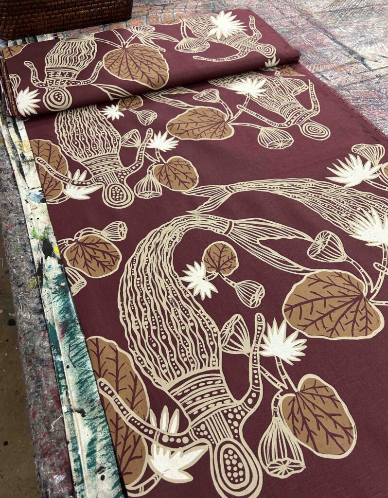 Kieren Karritpul - Mermaids on wine linen (per 1m) - Image 4