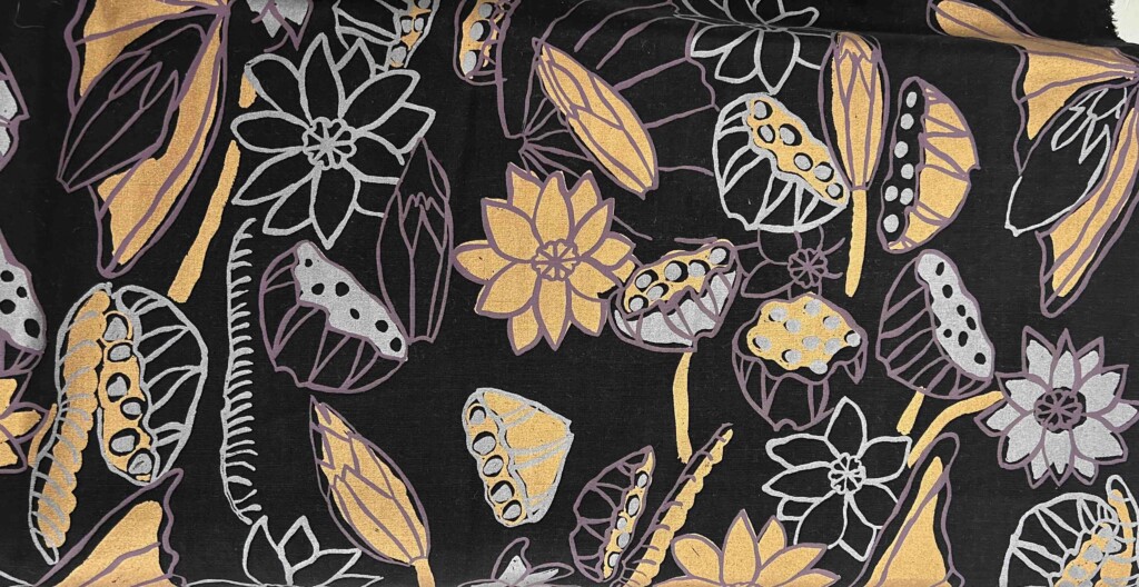 Patricia Marrfurra – Billabong metallics on black linen (per 1m)
